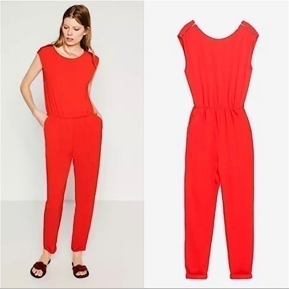 Zara Pants & Jumpsuits Zara Red Zip Shoulder Jumpsuit Poshmark